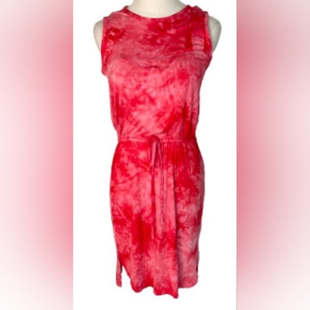 CALVIN KLEIN Comfortable Jersey Knit Short Summer Dress Coral Tie Dye Print 6